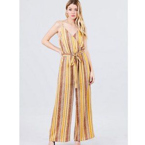 MUSTARD MULTI COLOR STRIPE V NECK JUMPSUIT - SMALL